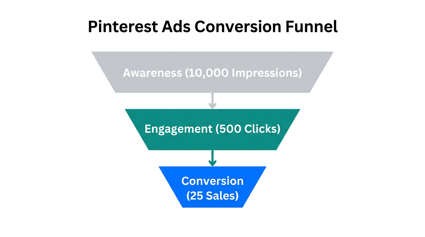 Three-stage conversion funnel showing typical Pinterest ad metrics.