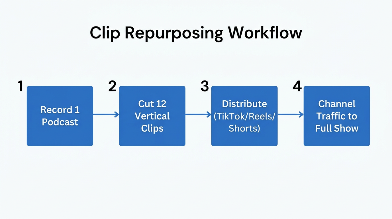 Step-by-step workflow for repurposing long-form podcasts into viral clips.