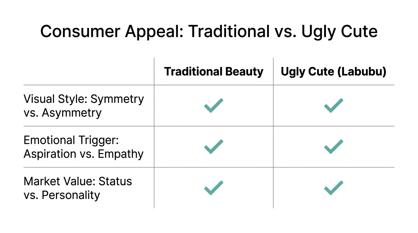 Comparison of traditional aesthetic standards versus the 2026 ugly-cute trend.