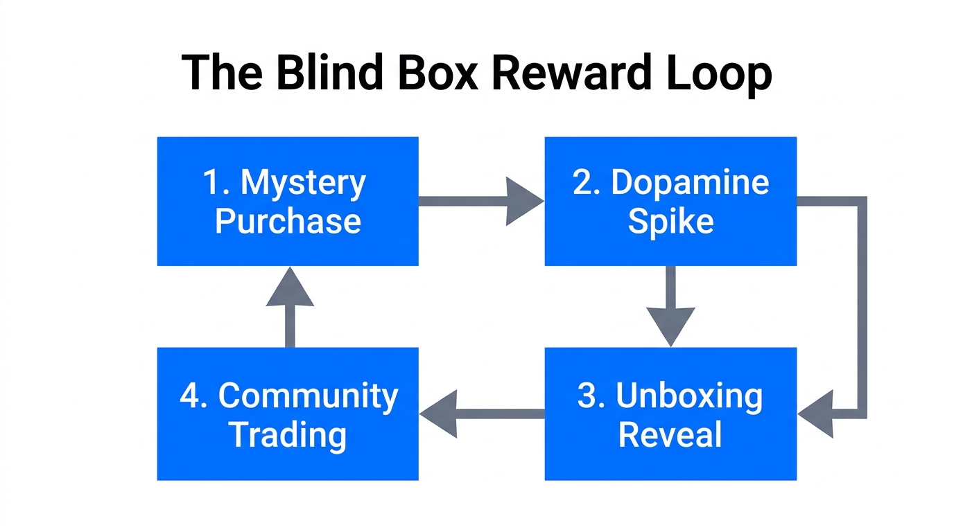 The psychological feedback loop driving repeat blind box purchases.