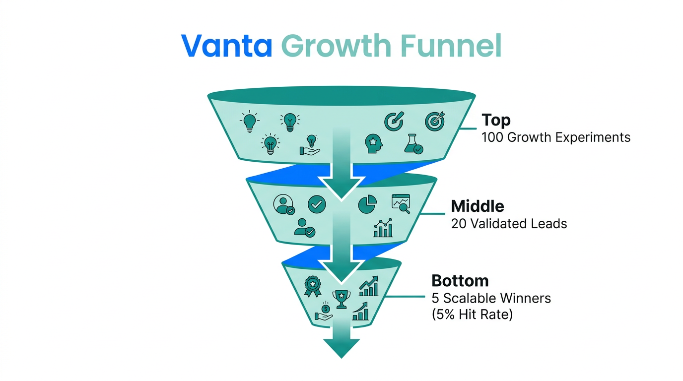 A funnel showing how high-volume experimentation leads to a 5% hit rate.