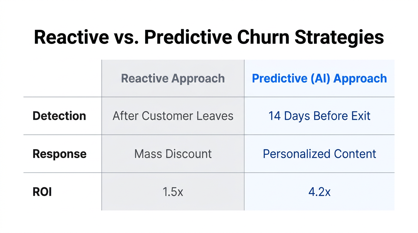 A comparison of traditional reactive churn methods versus AI predictive modeling.