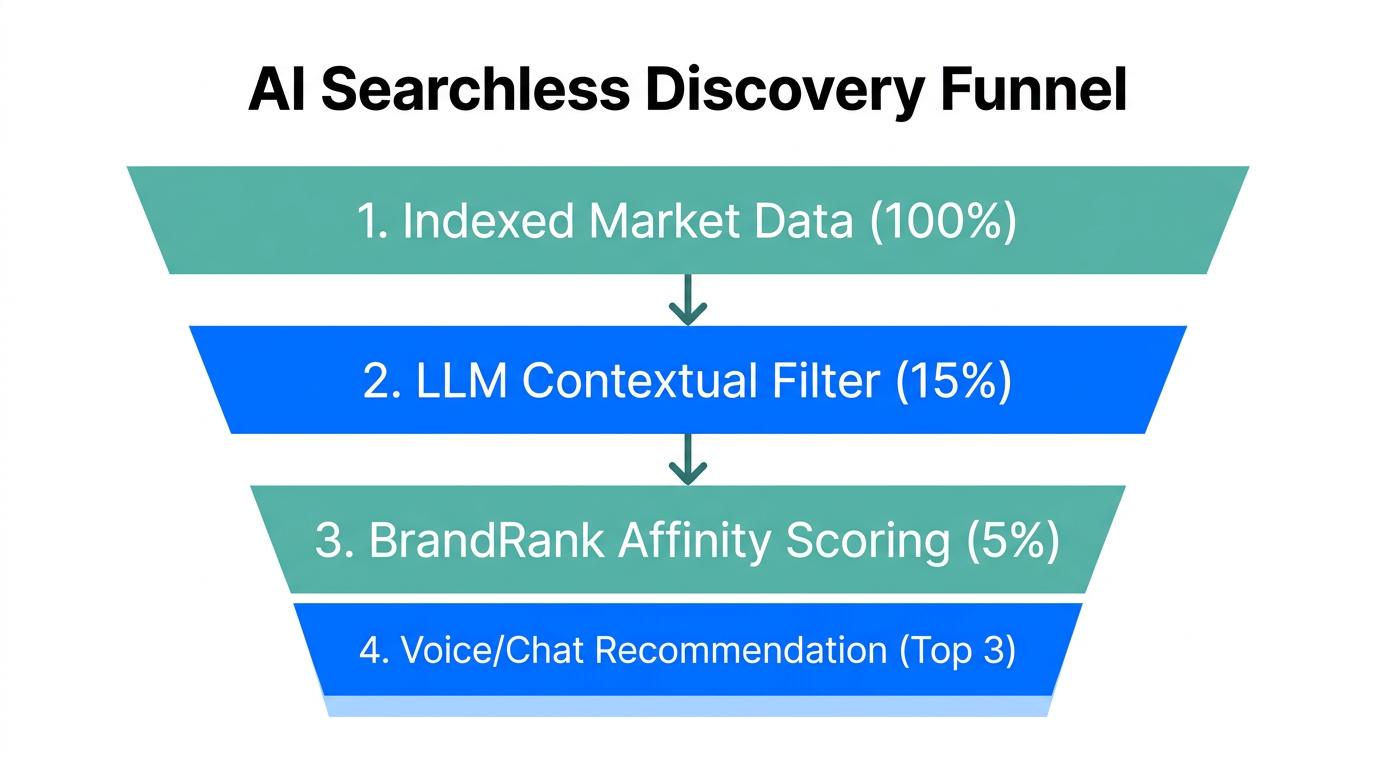The funnel showing how products reach the top of AI-driven searchless recommendations.