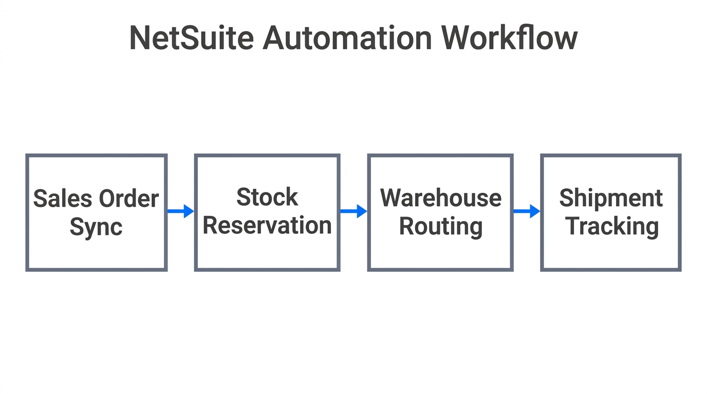 The automated NetSuite workflow from initial order to final tracking.