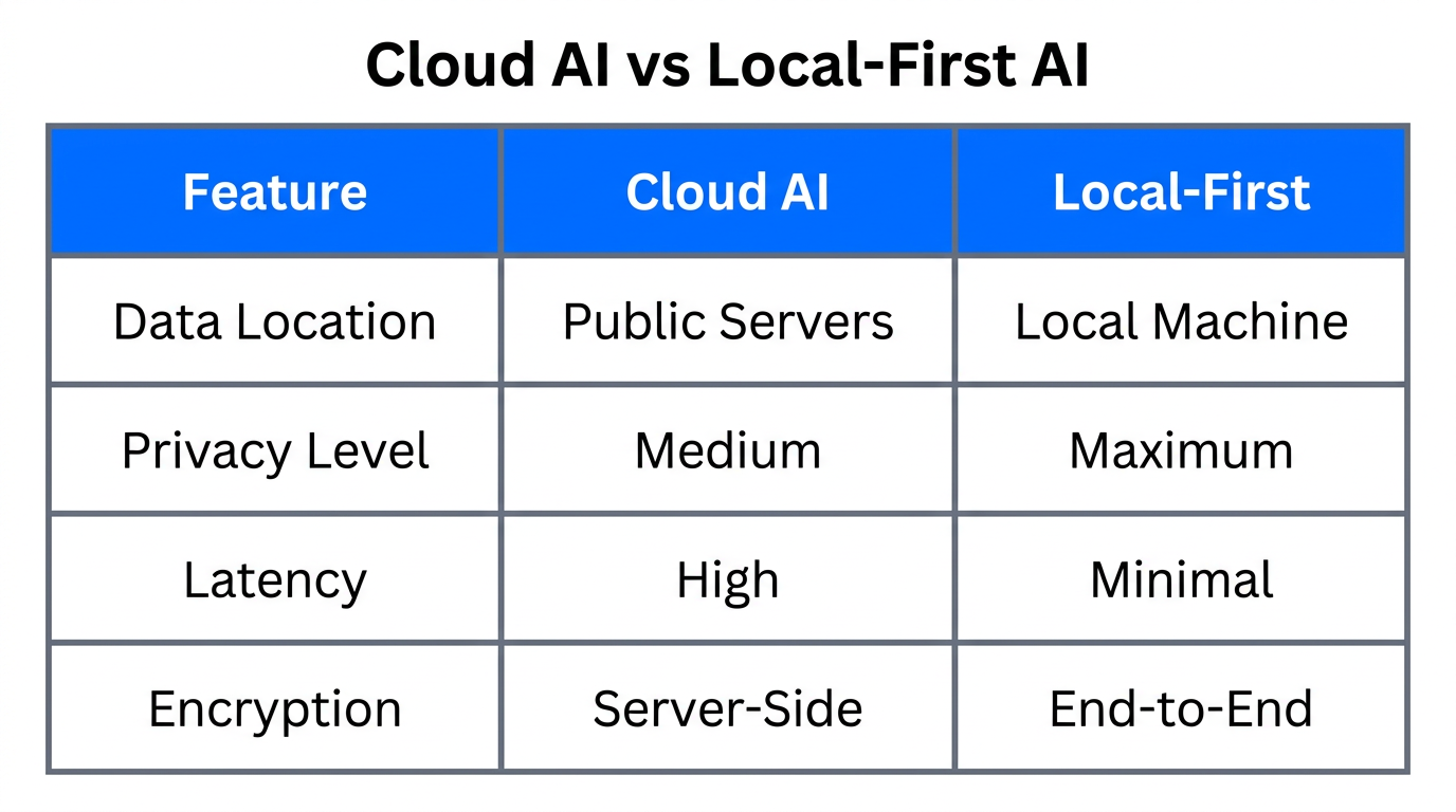 Comparison of data security and performance between cloud and local AI.
