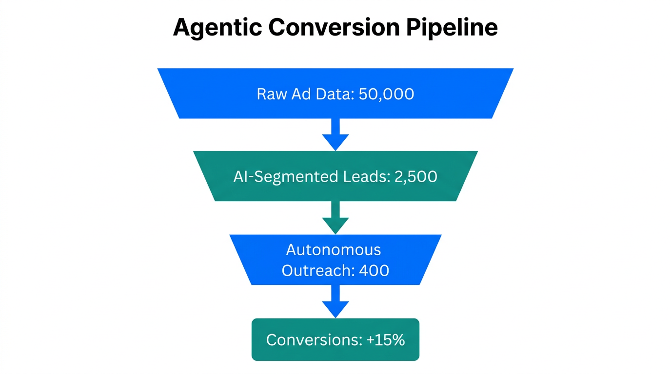 Efficiency funnel showing data processing to conversion using autonomous agents.