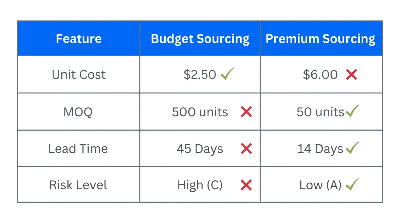 Sourcing strategy comparison between budget-friendly and premium manufacturing options.