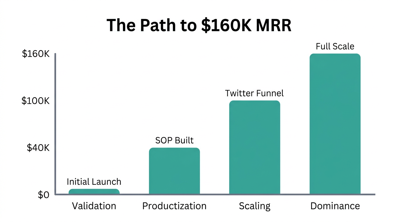 Revenue growth milestones from initial validation to $160K MRR.
