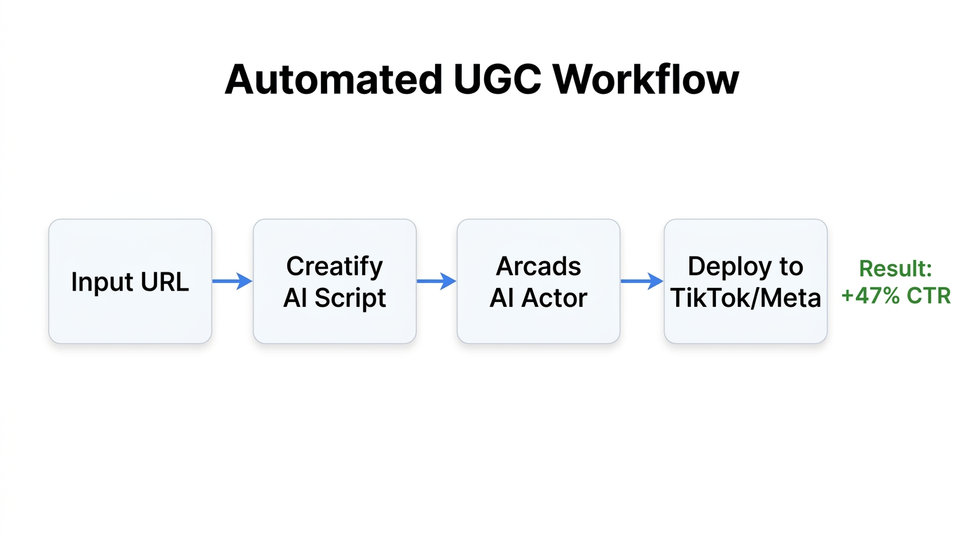 Automated workflow for generating high-converting AI UGC ads with Creatify and Arcads.