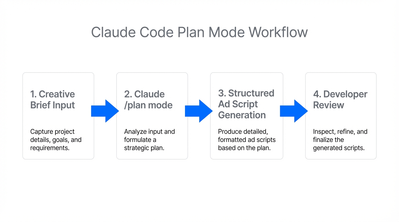Step-by-step workflow for generating ad creative using Claude Code Plan Mode.