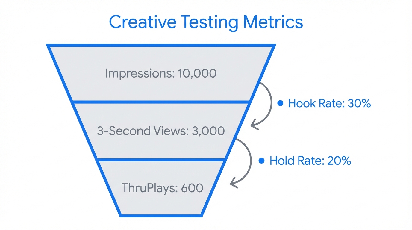 Visualizing hook and hold rates through the creative testing funnel.