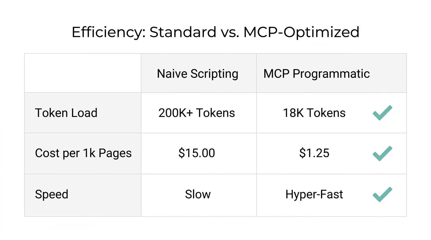 Comparison showing significant token savings using MCP-optimized workflows.