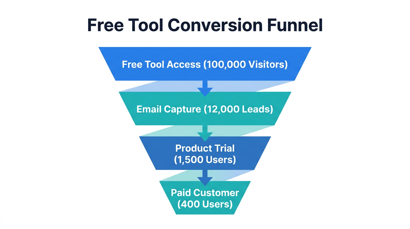 Conversion funnel showing user flow from free tools to paid subscriptions.