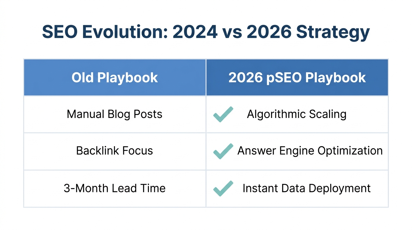 Comparison of traditional SEO versus the 2026 programmatic distribution model.