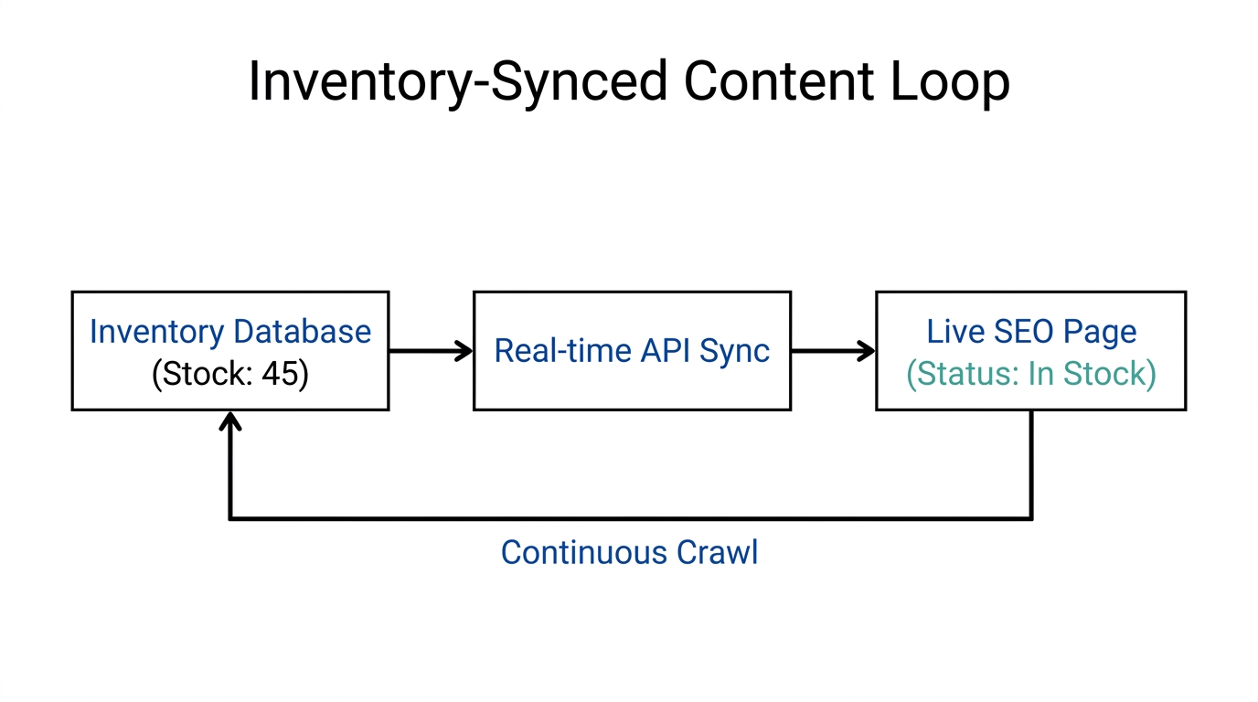 Workflow for real-time inventory-synced SEO page updates.