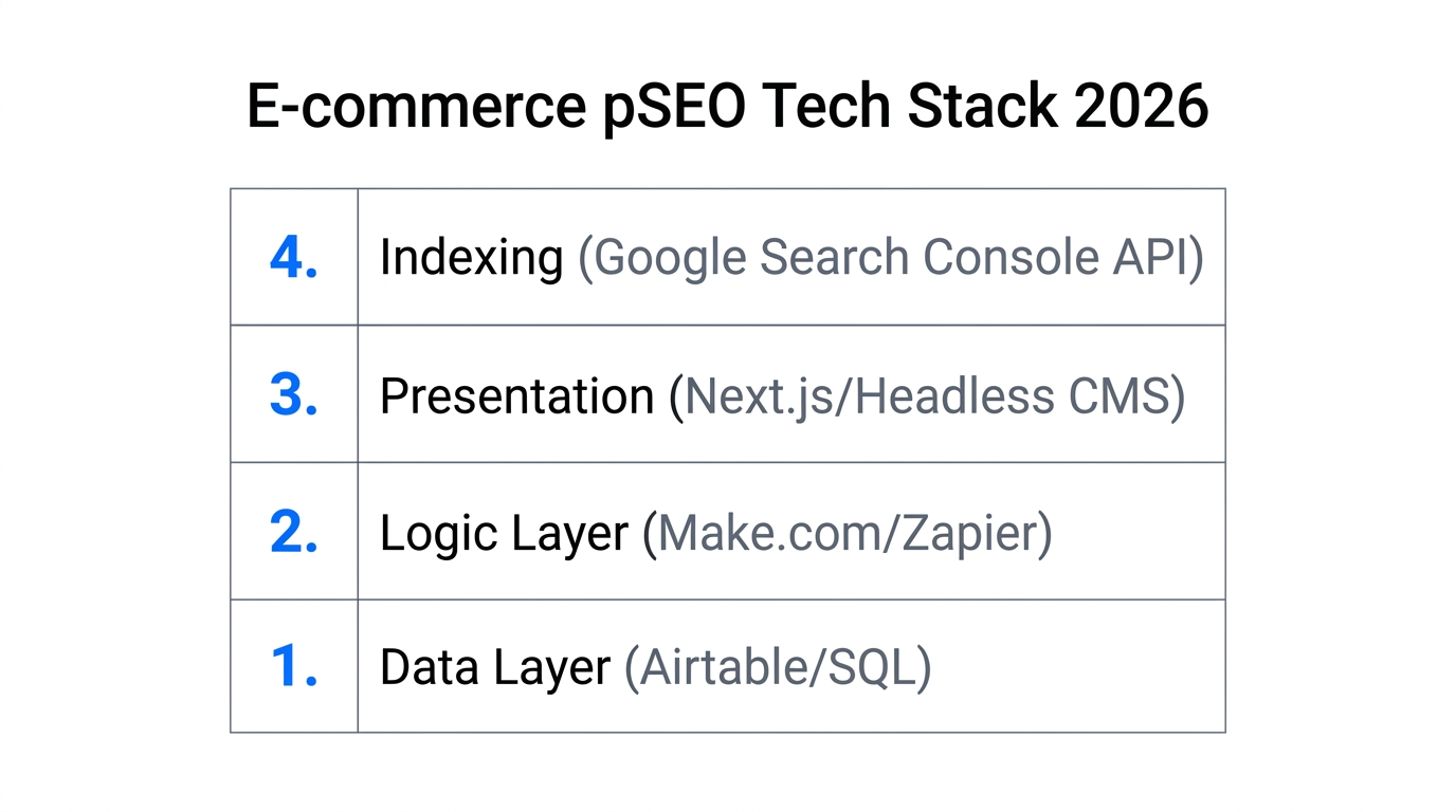 Essential tech stack layers for scaling e-commerce programmatic SEO.