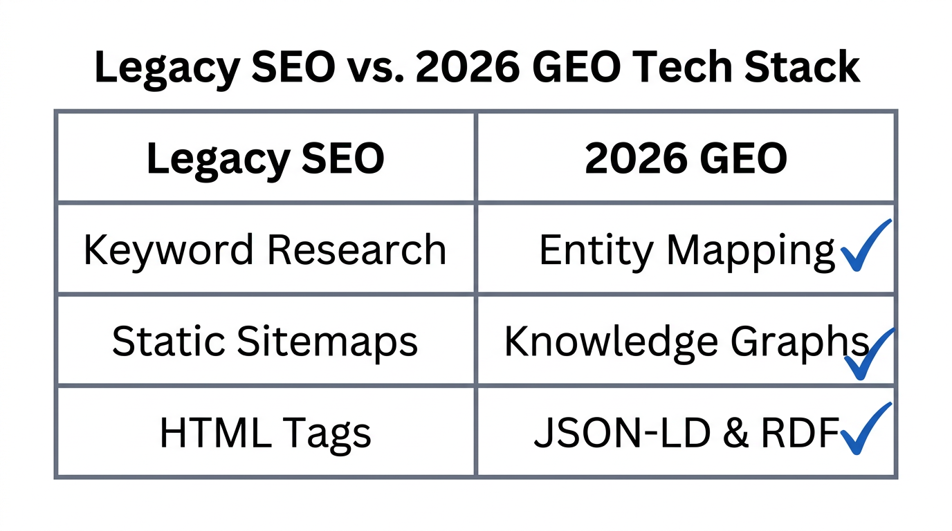 Technological shift from traditional SEO tools to GEO-focused stacks