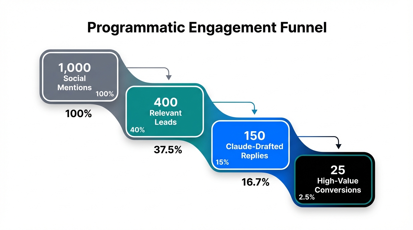 Efficiency funnel showing social mention filtering and automated response conversion.