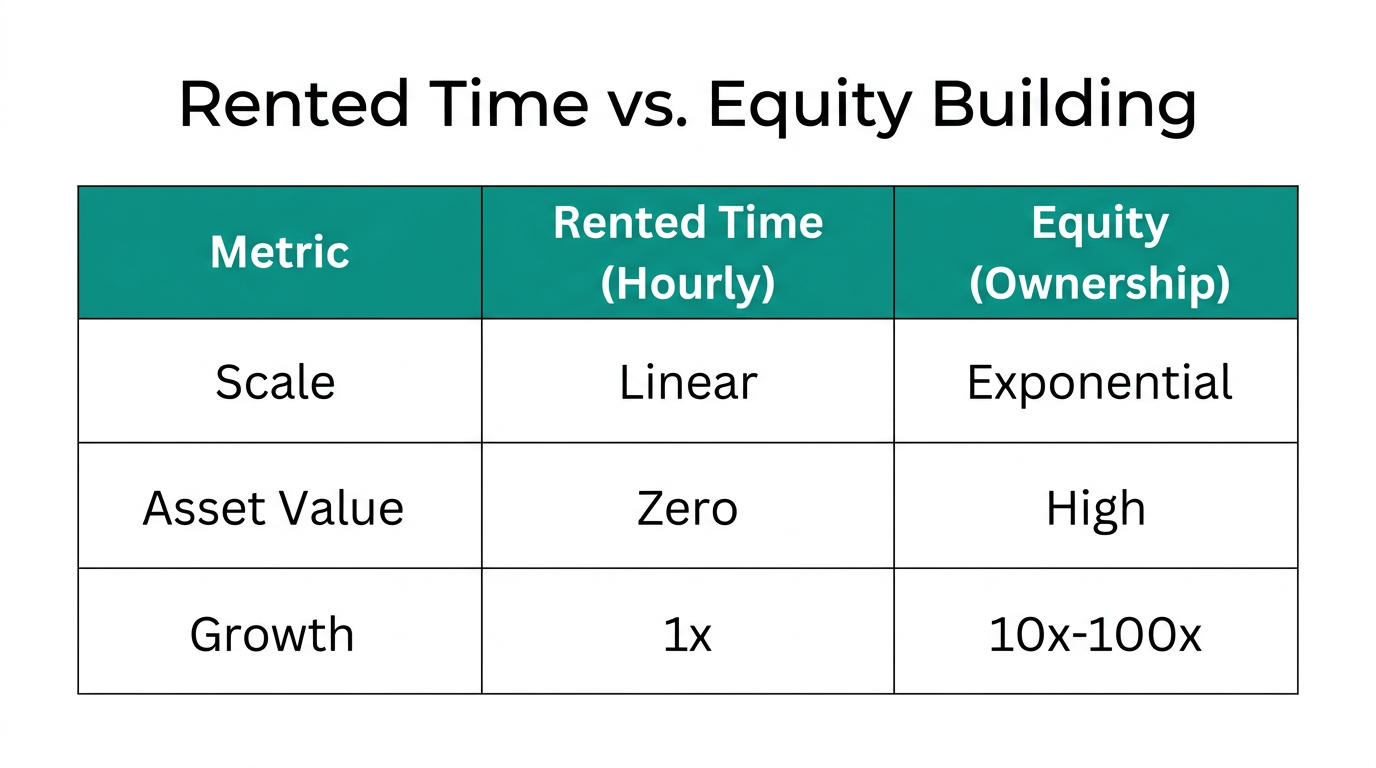 A direct comparison between linear hourly wages and exponential equity growth.