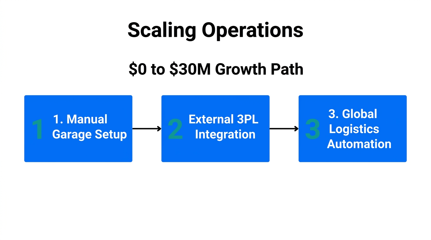 Operational stages from manual fulfillment to global logistics automation.