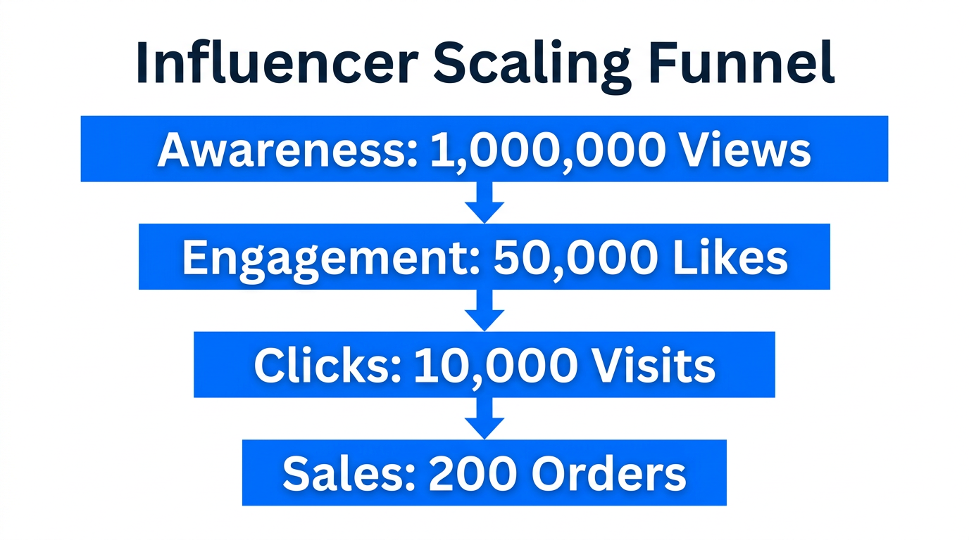 Influencer marketing funnel showing conversion metrics from views to sales.