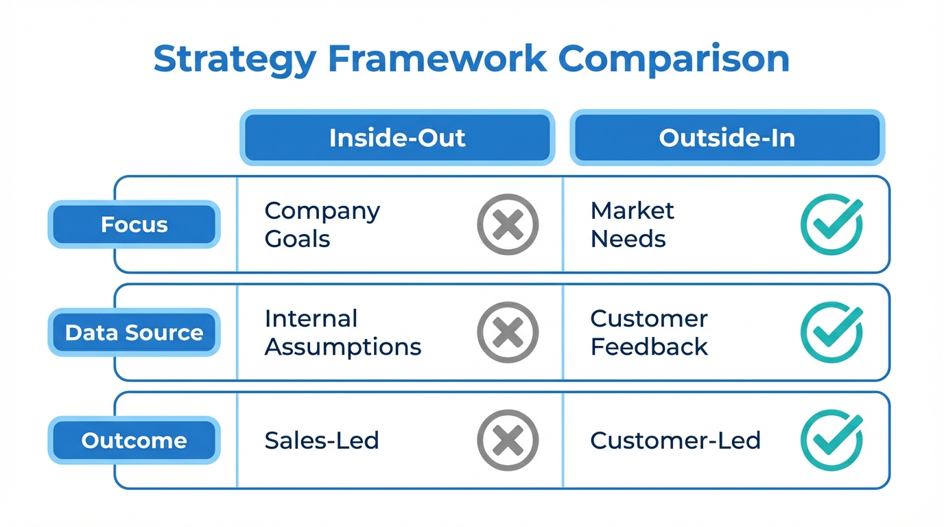A side-by-side comparison of internal-focused versus customer-led growth strategies.
