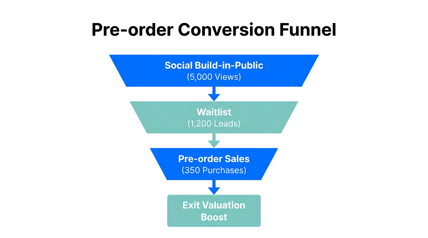 Conversion funnel stages from public marketing to pre-order revenue.