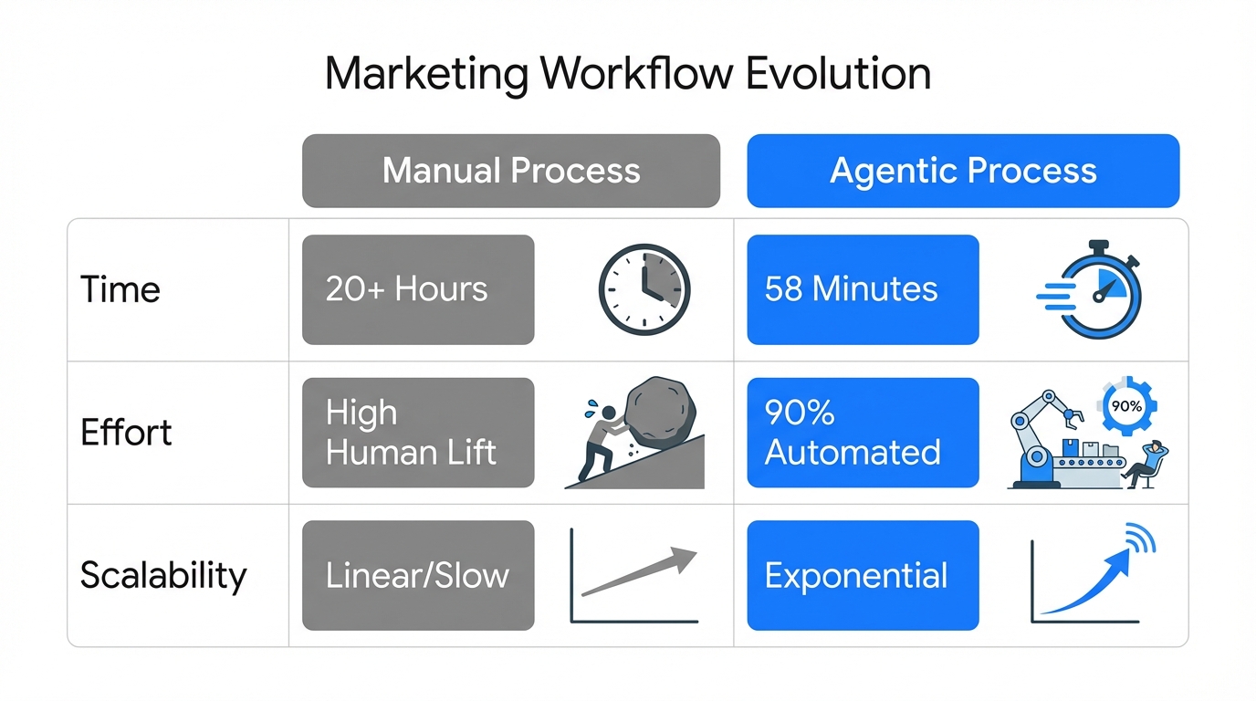 Comparison of manual versus agentic marketing workflow efficiency.