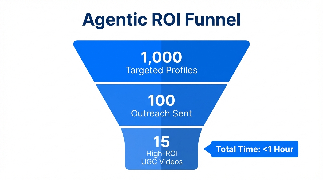 Conversion funnel showing automated UGC output in under an hour.