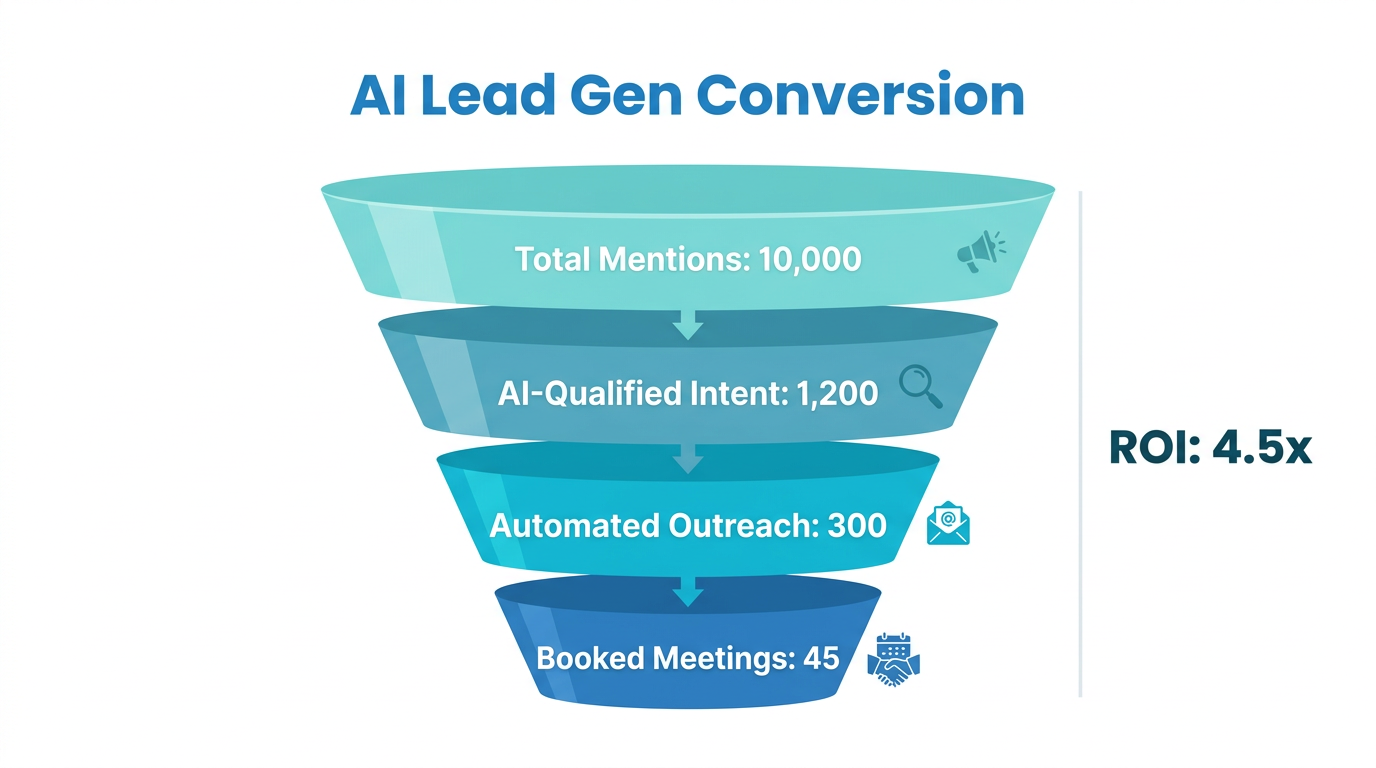 Lead generation funnel demonstrating social mention qualification metrics.