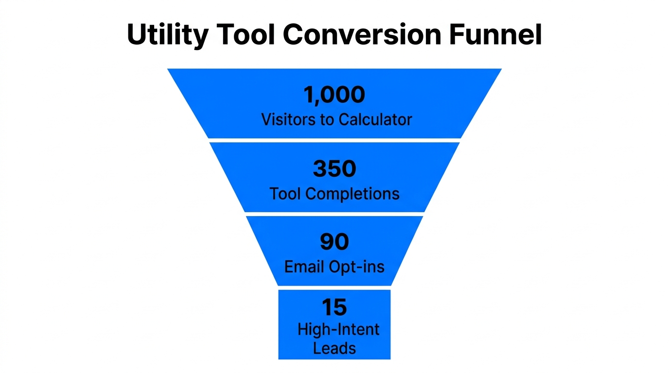 Conversion funnel showing lead generation through interactive utility tools.