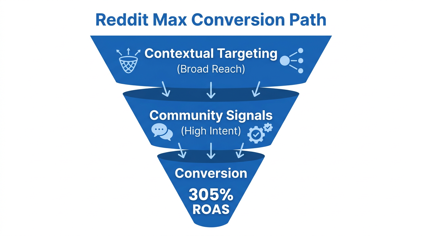 Efficiency funnel showing the 305% ROAS path for Reddit campaigns.