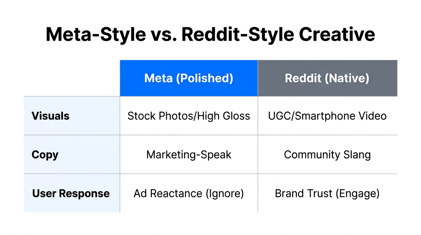 Comparison between polished corporate ads and native Reddit creative styles.