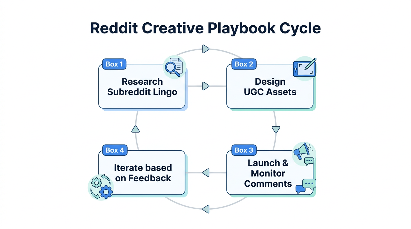 Continuous feedback loop for optimizing Reddit ad creative assets.