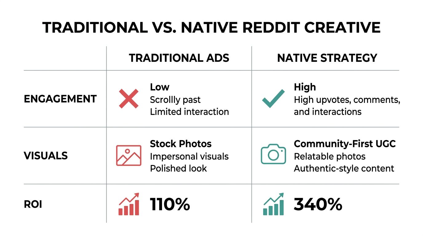 Comparison between traditional advertising and high-performing native Reddit creative.
