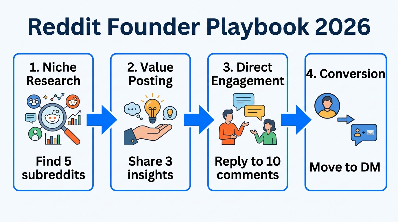 A four-step workflow for building founder authority on Reddit.