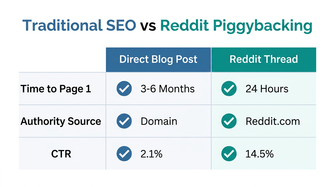 Efficiency comparison between traditional SEO and Reddit piggybacking.