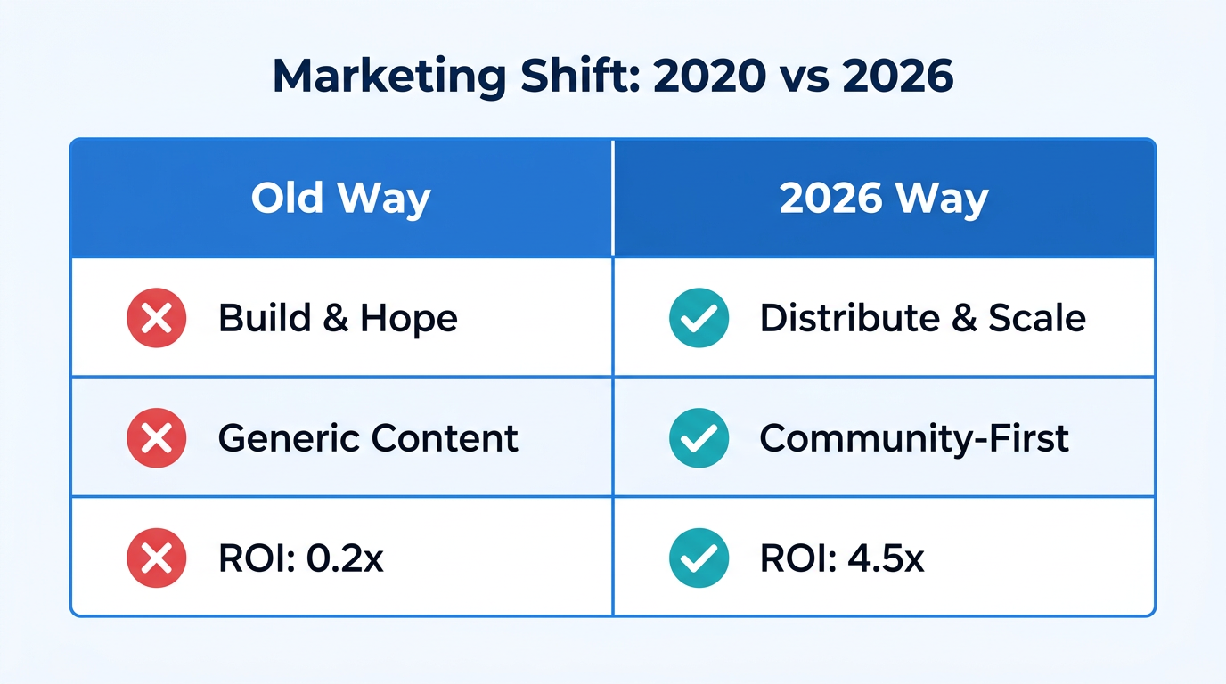 Comparison of traditional marketing versus the 2026 distribution-first strategy.