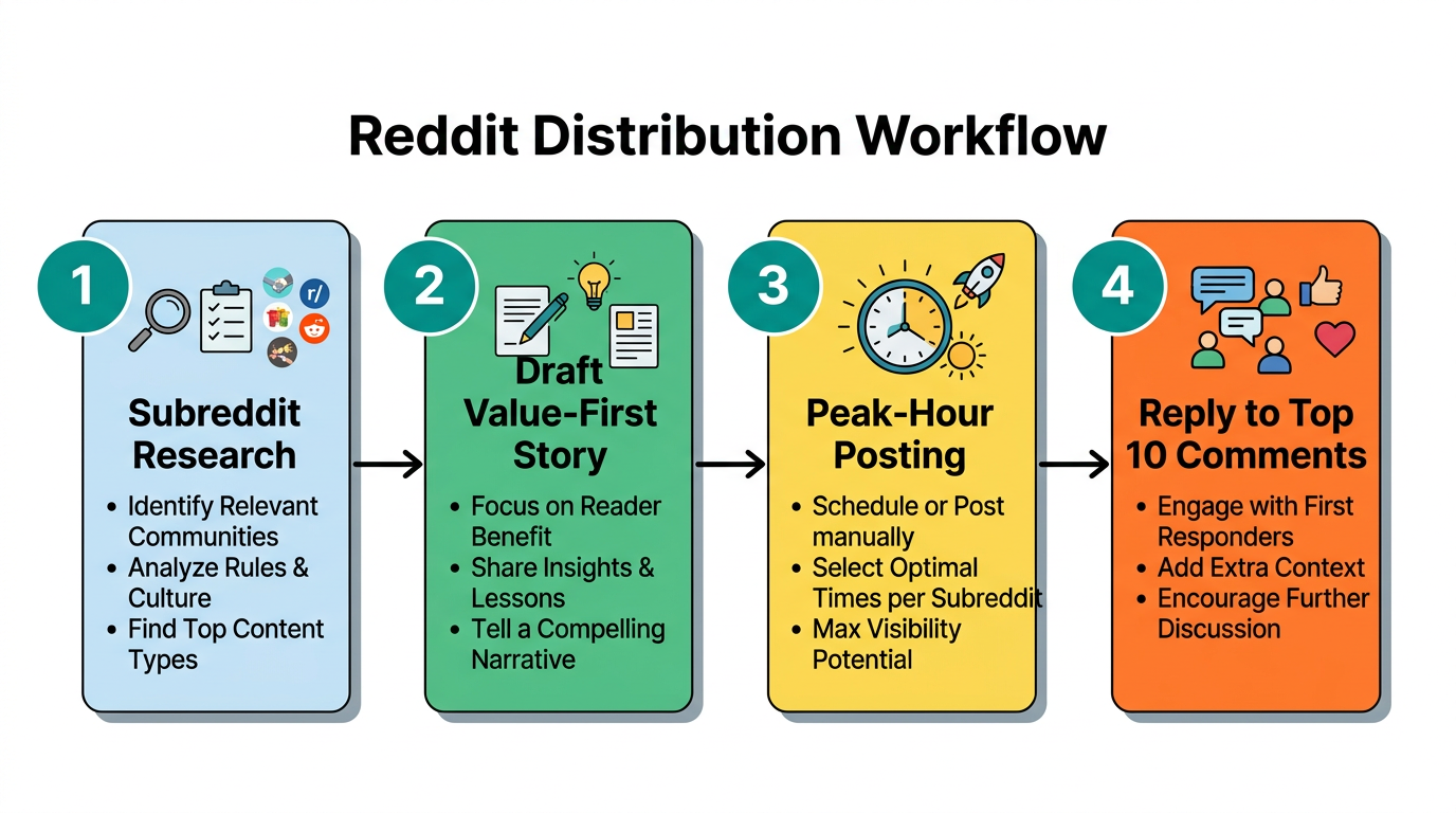 A four-step process for executing a Reddit distribution strategy.