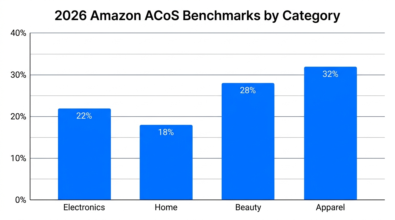 Comparison of target ACoS benchmarks across major Amazon categories for 2026.