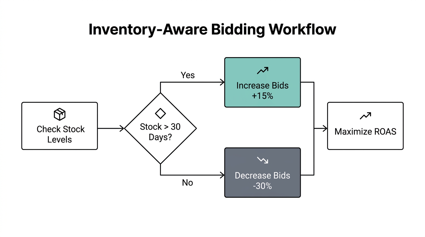 Workflow for adjusting Amazon PPC bids based on inventory availability.