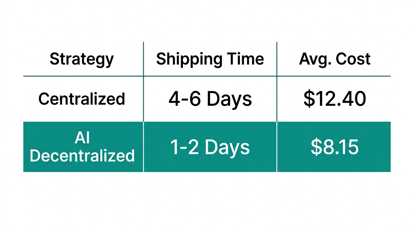 Comparison of shipping time and costs: Centralized vs. AI-managed decentralized fulfillment.