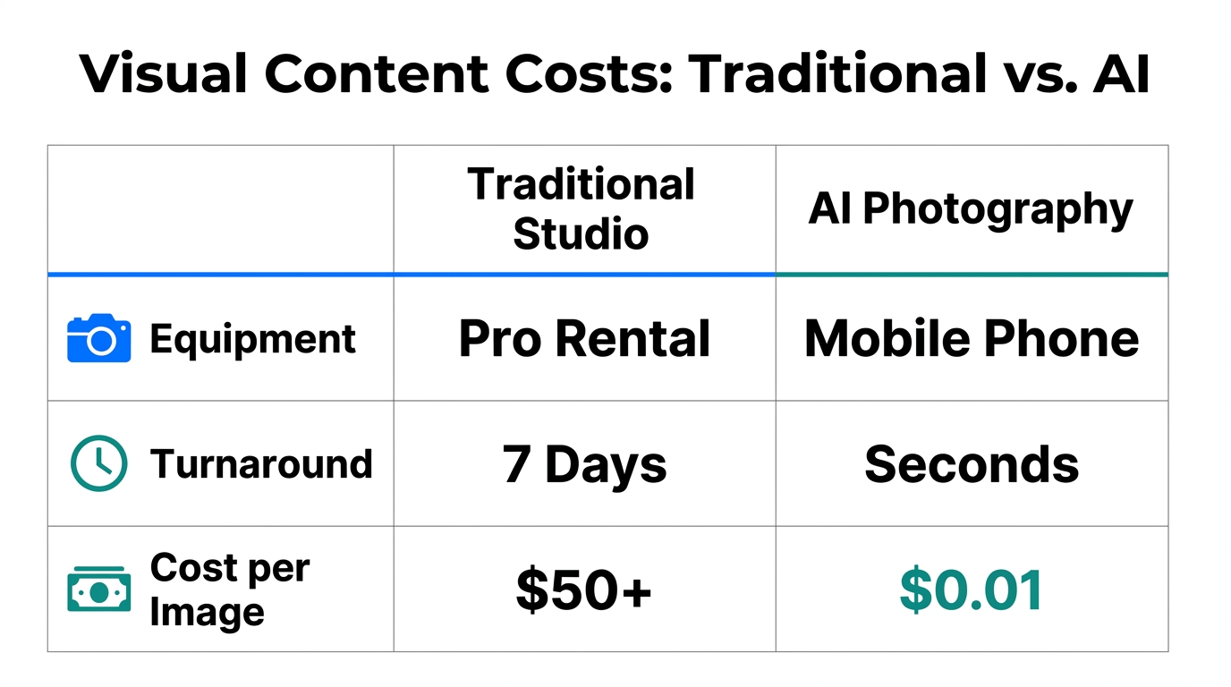 Cost comparison between traditional photography and AI-driven workflows.