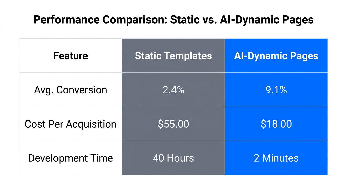 Comparison of conversion rates and costs between static and AI-driven pages.