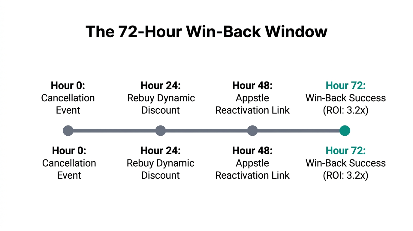 Chronological milestones for a successful 72-hour customer win-back sequence.