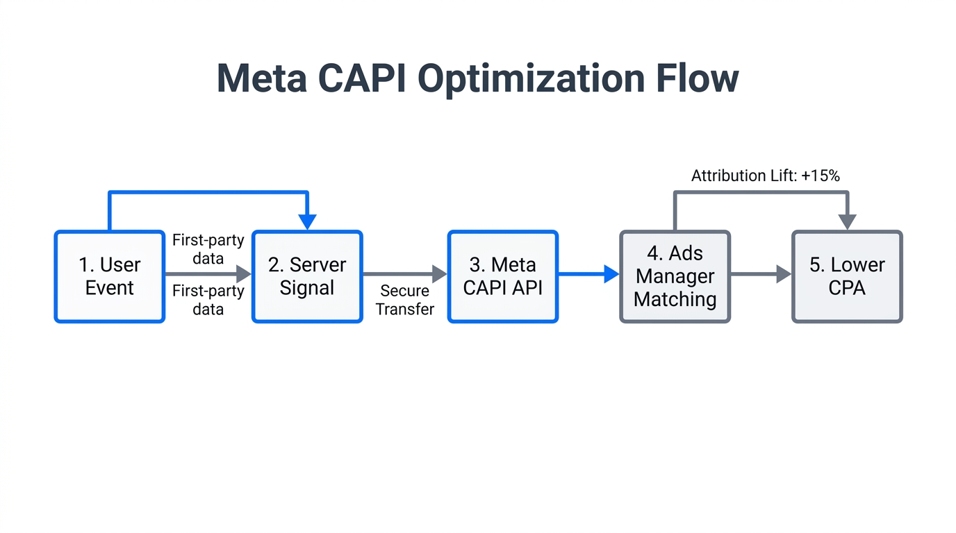 The technical flow of data from server to Meta Ads Manager.