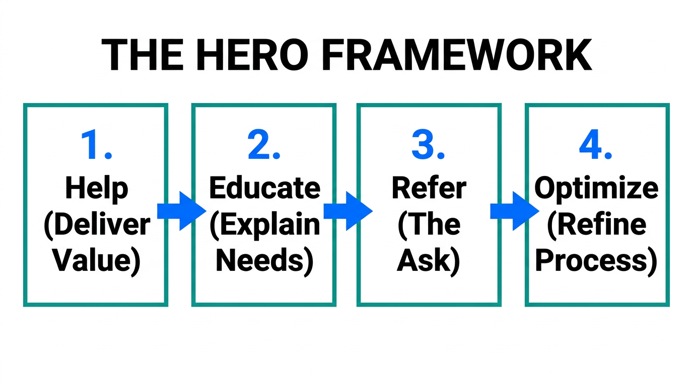 The four-step HERO framework for systematic referral acquisition.