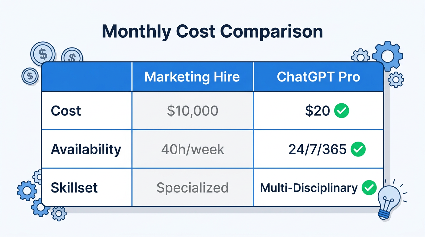 Cost comparison between a traditional marketing hire and ChatGPT Pro.