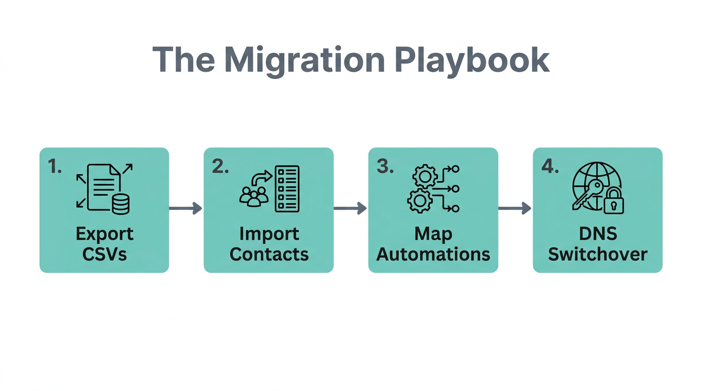 The four-step process for migrating data and workflows to GoHighLevel.