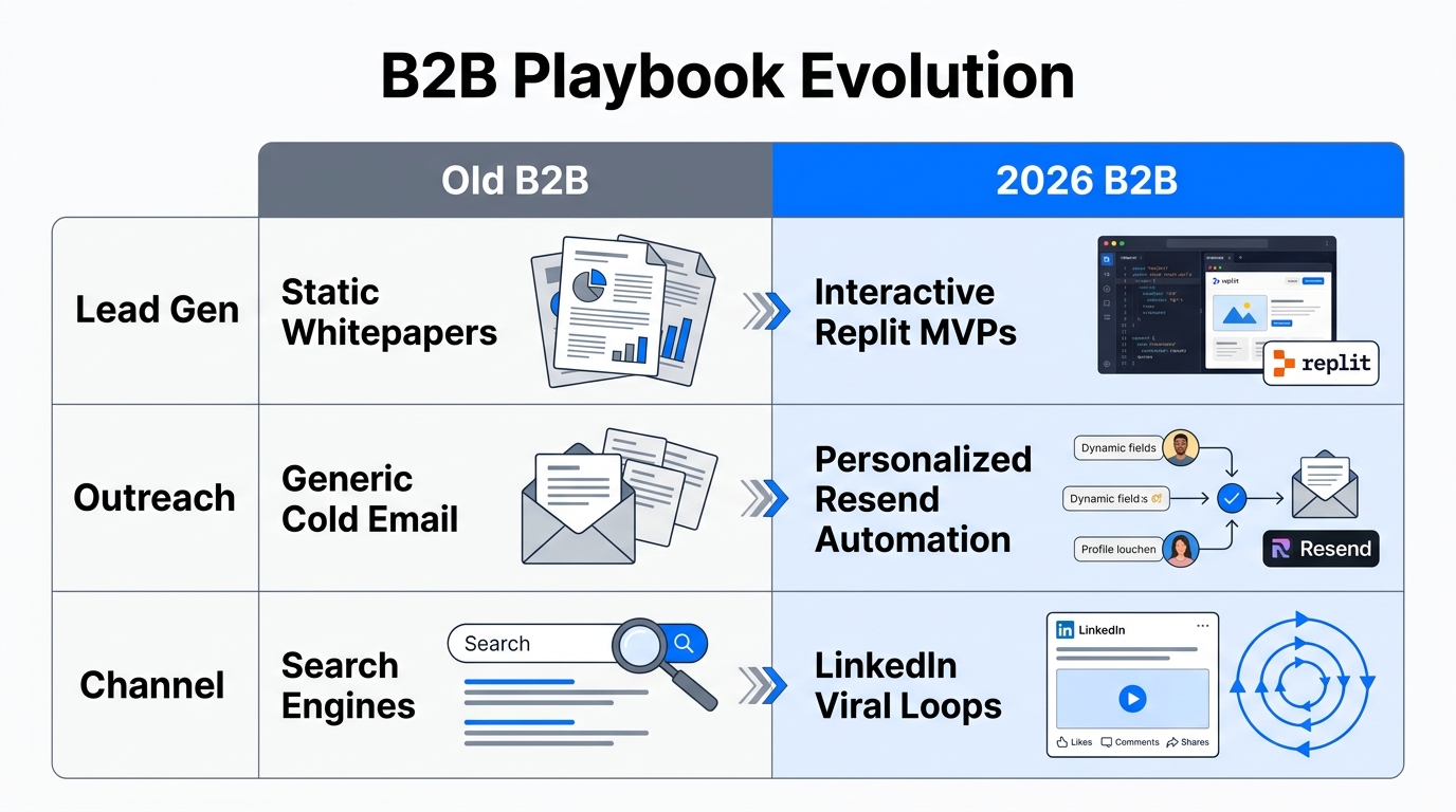 A comparison between traditional B2B marketing and the 2026 viral playbook.